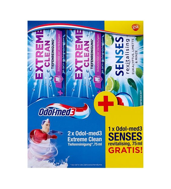 Odol-med3 Extreme Clean 2x75ml + Senses 75ml