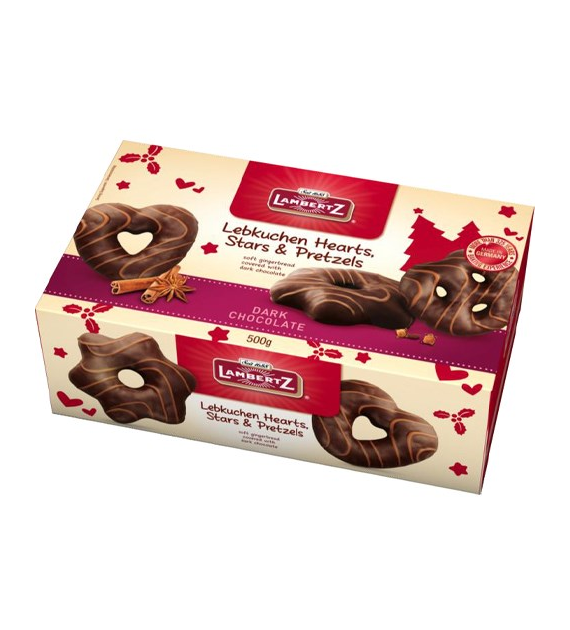 Lambertz Lebkuchen Hearts Stars Pretzels Dark 500g