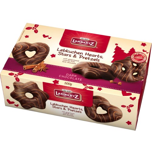 Lambertz Lebkuchen Hearts Stars Pretzels Dark 500g